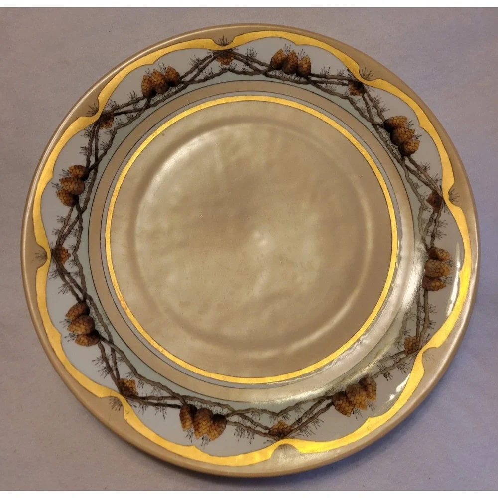 Bavaria‎ Porcelain Plate Vintage Pinecone Gold Gilt Rustic Cabin Decor Tan 15